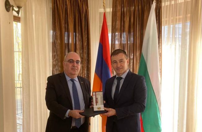 H.E. Mr. Armen Yedigarian, Ambassador Extraordinary and Plenipotentiary of the Republic of Armenia to the Republic of Bulgaria presented the Medal of Gratitude to Mr. Andrey Kovatchev, Member of European Parliament